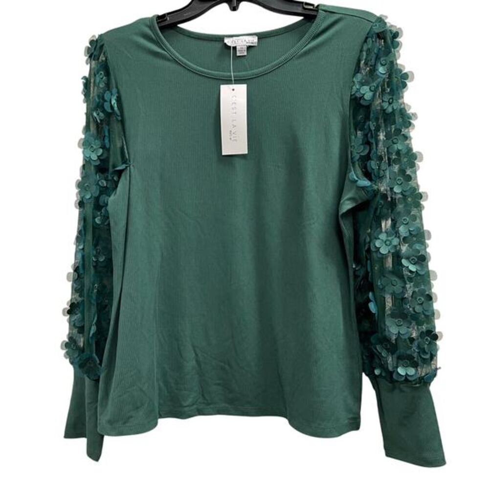 C'est La Vie ribbed blouse sheer mesh organza floral bishop sleeves NWT Sz M